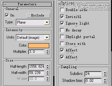 室內(nèi)教程:室內(nèi)燈光直型暗藏?zé)舸蚍? border="0" width="831" height="544" src="/uploads/allimg/101028/192I41Q4-7.jpg" /></p>
<p>圖08</p>
<p>我們將兩個(gè)暗藏?zé)舨蹮艄馍{(diào)均調(diào)為暖色,燈光參數(shù)設(shè)置如圖。(圖09)</p>
<p align="center"><img alt=