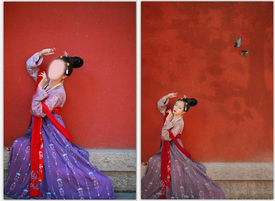 Photoshop給紅墻古風美女添加紙張紋理效果