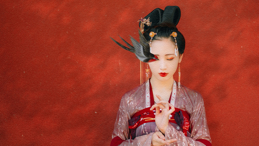 Photoshop給紅墻古風美女添加紙張紋理效果