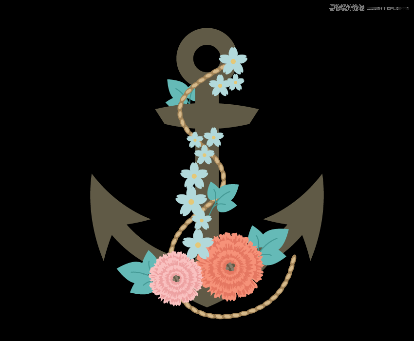 時尚船錨:AI繪制鮮花裝飾的船錨圖標