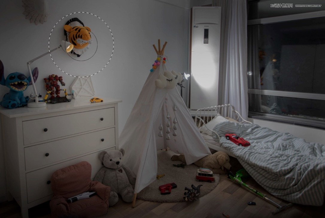 Photoshop合成房間里撫摸恐龍頭的小男孩