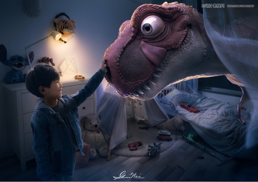 Photoshop合成房間里撫摸恐龍頭的小男孩
