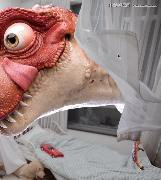 Photoshop合成房間里撫摸恐龍頭的小男孩
