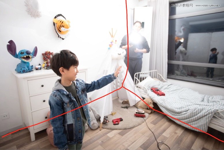 Photoshop合成房間里撫摸恐龍頭的小男孩