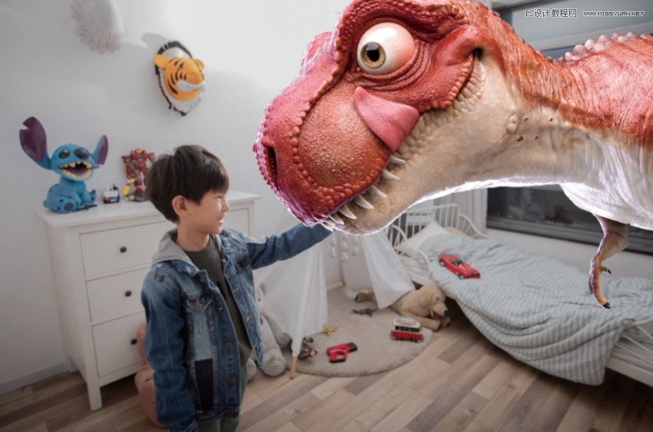 Photoshop合成房間里撫摸恐龍頭的小男孩