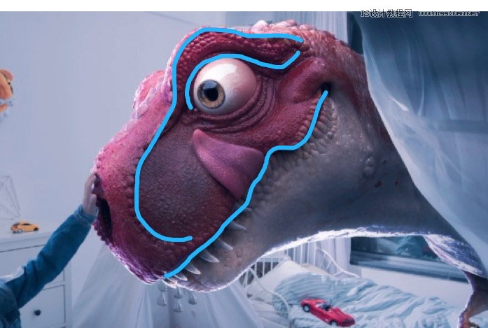 Photoshop合成房間里撫摸恐龍頭的小男孩